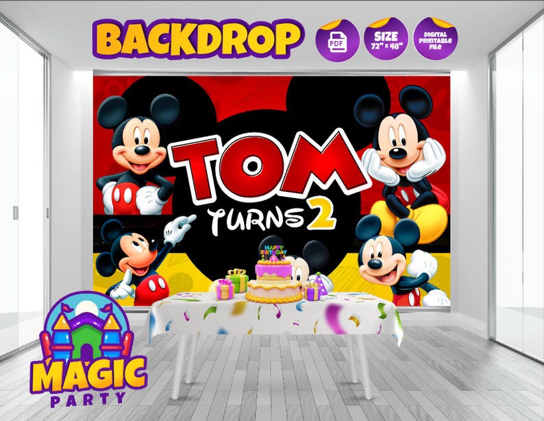 May include: A rectangular party backdrop featuring Mickey Mouse in various poses against a red and black background. The text reads "TOM TURNS 2" in large red letters. The design includes a table with a birthday cake and gifts, with a size of 72" x 48".