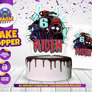 May include: A digital printable cake topper featuring Spider-Man characters in a web design. The topper is personalized with the name "Aiden" and the number "6".