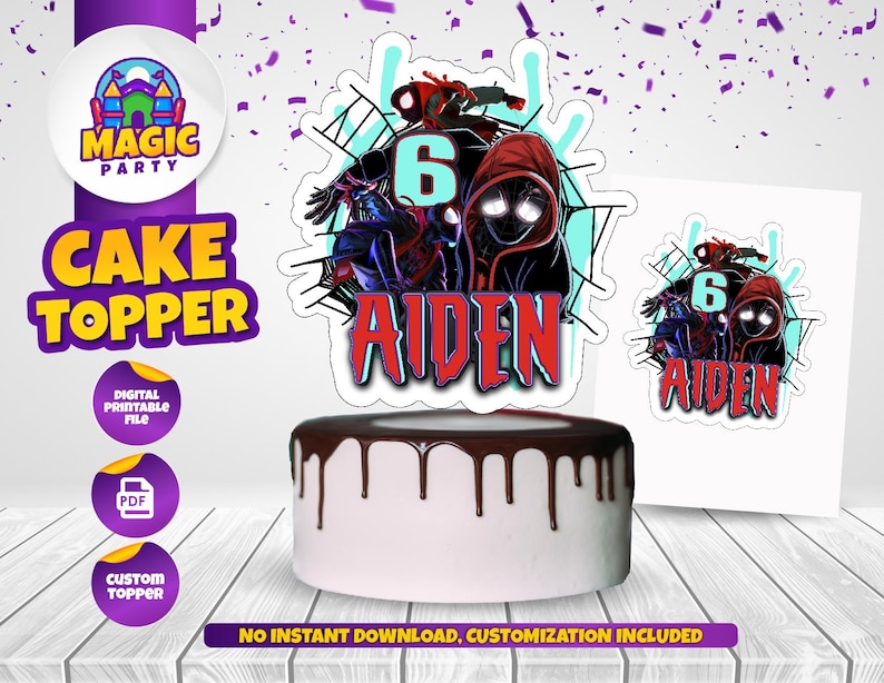 May include: A digital printable cake topper featuring Spider-Man characters in a web design. The topper is personalized with the name "Aiden" and the number "6".