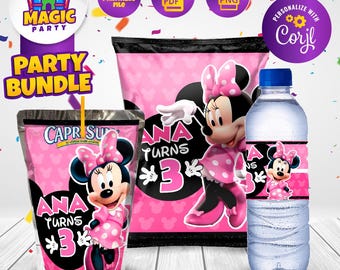 Minnie Birthday Party Bundle - Party Treats - Chip Bag - CapriSun - Water Bottle Labels - Personalized - DIGITAL FILE