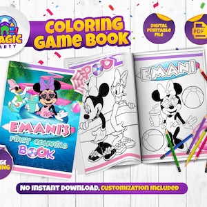 May include: A coloring game book with the text "COLORING GAME BOOK" and "EMANI'S FIRST COLORING BOOK". The book features Minnie Mouse illustrations and includes colored pencils. The cover has the text "4 PAGE 8 DESING".