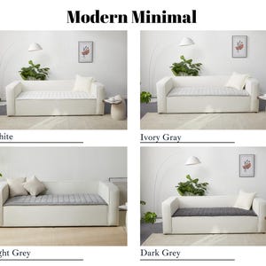 May include: Four white sofas with different colored cushions. The sofas are arranged in a grid pattern with the text "Modern Minimal" at the top of the image. The sofas are labeled "White", "Ivory Gray", "Light Grey", and "Dark Grey".
