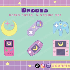 Retro Pastel Gaming Badges | Twitch, Discord, Youtube Streamer Sub/Bit Badges Kawaii Asset | Moon, Snes, N64, Gbc, Gba, Ndsl