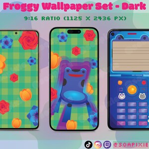 ACNH Froggy Phone Wallpaper Set | Dark Mode | iPhone | Android | Aesthetic Lock Screen | iOS | Flowers | Gingham | Plaid | Flip Cell Phone