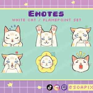 Emote-set met witte kat | Twitch, Discord, Youtube Streamers Kawaii Asset | Sleepy, Paws, Stinky, Shock, Flower, Scream