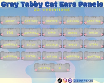 Gray Tabby Cat Ears Panels Pack | 22 Variations |  Twitch Streamer Kawaii Asset | Pet Lover | Cat Person