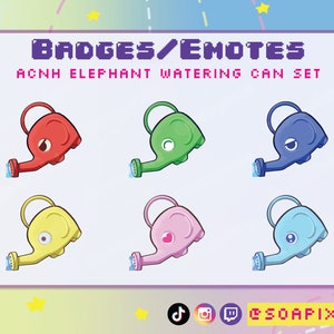 ACNH Elephant Watering Can Sub/Bit Badges/Emotes | Twitch, Discord, Youtube Kawaii Streamer Asset | Red, Green, Blue, Yellow, Pink, & Teal