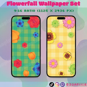 ACNH Flowerfall Phone Wallpaper Set | Light & Dark Mode | iPhone | Android | Aesthetic Lock Screen | iOS | Flowers | Gingham | Plaid