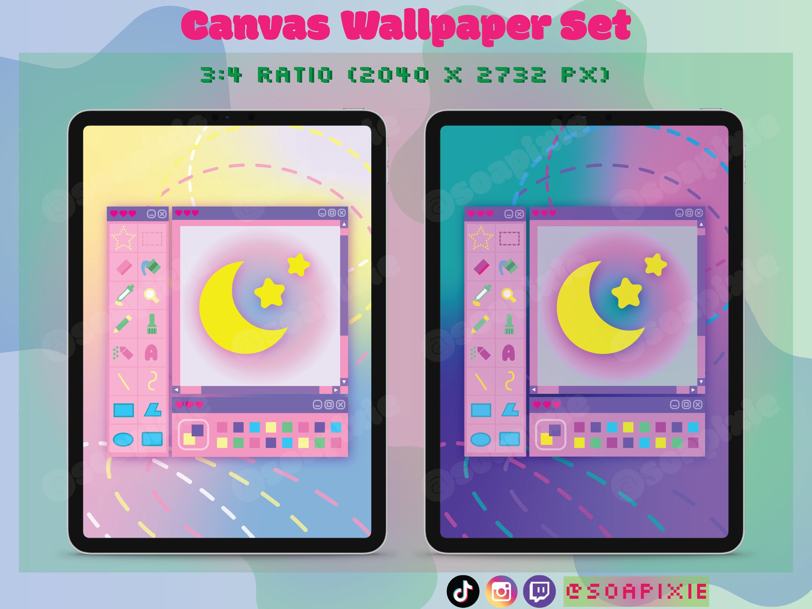Kawaii MS Paint Canvas Tablet Wallpaper Set | Light&Dark Mode | iPad/Surface/Slate | iOS/Android | Aesthetic Lock Screen | Moon/Stars/Galaxy