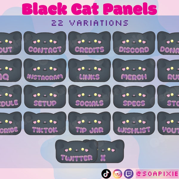 Black Cat Panels Pack | 22 Variations |  Twitch Streamer Kawaii Graphics | Witchy | Pet Lover | Cat Person | Void | Fluffy