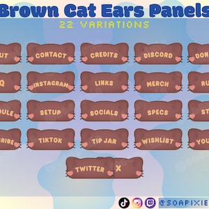 茶色の猫耳Twitchパネル：かわいいストリーマーアセット22点（PNGデジタルダウンロード）