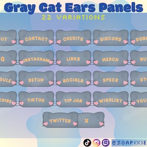 灰色の猫耳Twitchパネル：22個のかわいいストリーマーアセット（デジタルダウンロード）