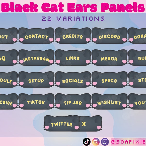 Black Cat Ears Panels Pack | 22 Variations | Twitch Streamer Kawaii Graphics | Witchy | Pet Lover | Cat Person | Void | Fluffy