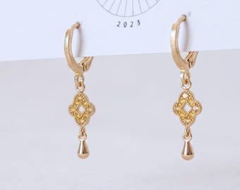 Quatrefoil Drop Hoops| Everyday and Special Occasion | 18k Gold Plated | Handmade Earring