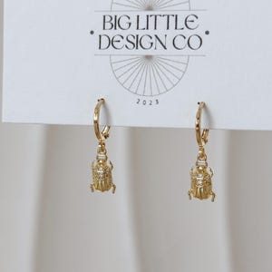 Scarab Beetle Hoop Drop Dangle Earring, 18k Gold Plated