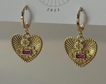 French Qu'hier que demain Heart Love Poem Dangle Huggies | Everyday and Special Occasion | Gold Plated