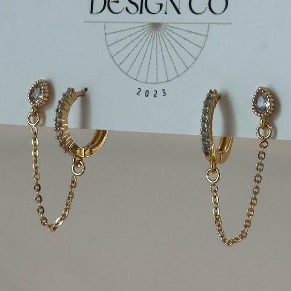Tiny Crystal Teardrop Studs w/ Pave Hoop Double Earrings | Everyday and Special Occasion | Gold, 18k Gold Plated Chain| Handmade Earrings