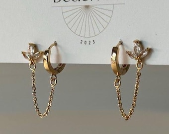 3 Leaf Stud w/ Hoop Double Earring | Everyday and Special Occasion | Gold, 18k Gold Plated Chain| Handmade Earring