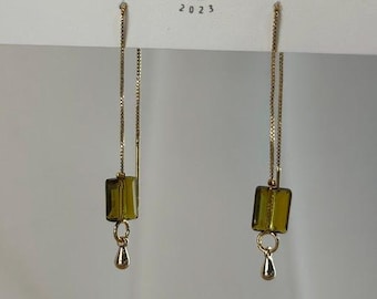 Crystal Glass and Gold Threaders - Olive | Everyday and Special Occasion | 18k Gold Plated Chain| Handmade Earring
