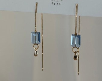 Crystal Glass and Gold Threaders - Sky Blue | Everyday and Special Occasion | Gold, 18k Gold Plated Chain| Handmade Earring