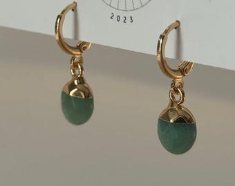 Green Stone Dangle Huggies| Everyday and Special Occasion | Gold Plated