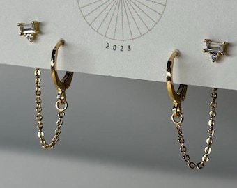 Tiny Stud Duo w/ Hoop Double Earrings | Everyday and Special Occasion | Gold, 18k Gold Plated Chain| Handmade Earring
