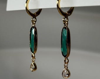 Sweet Emerald Green Dangle Hoops| Everyday and Special Occasion | Gold Plated | Handmade Earring