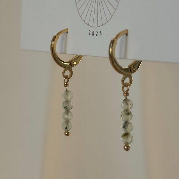 Tiny Prehnite Dangle Huggies| Everyday and Special Occasion | Gold Plated