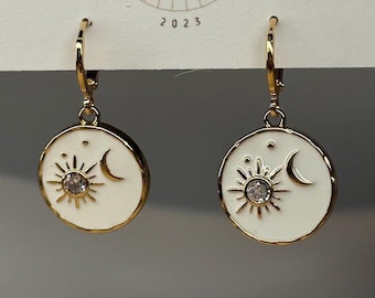 Sun and Moon Enamel Dangle Huggies| Everyday and Special Occasion | Gold Plated