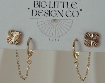 Etched Clover Stud w/ Hoop Double Earrings | Everyday and Special Occasion | Gold, 18k Gold Plated Chain| Handmade Earring