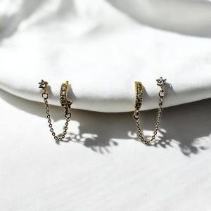 Double Piercing Studs w/ Hoop | Everyday and Special Occasion | Gold, 18k Gold Plated Chain| Handmade Earring