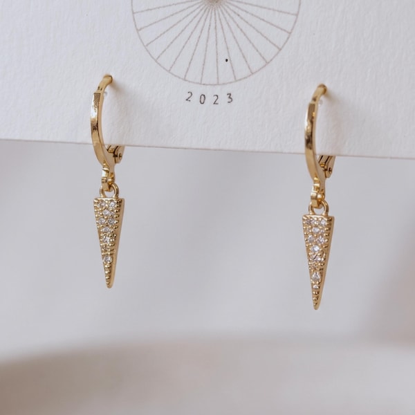 Tiny Pave Dagger Geometric Huggies| Everyday and Special Occasion | Gold Plated