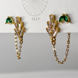 Crystal Fan and Green Leaf Double Stud Earring | Everyday and Special Occasion | Gold, 18k Gold Plated Chain| Handmade Earring