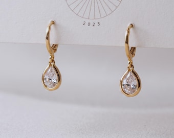 Medium Crystal Teardrop Dangle Huggies| Everyday and Special Occasion | Gold Plated