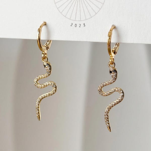 Crystal Pave Snake Huggie Earrings, 18k Gold Plated