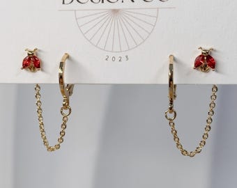 Tiny Ladybug Studs w/ Gold Hoop Double Earring | Everyday and Special Occasion | Gold, 18k Gold Plated Chain| Handmade Earring