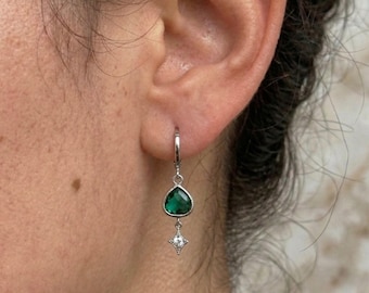 Silver and Emerald Green Teardrop Dangle Earrings Dainty Starburst Drop Huggie Hoops