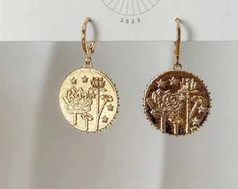 Gold Lotus Coin Earrings, 18k Gold Plated