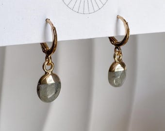 Grey Stone Drop Huggie Earrings Gold Plated Dainty Oval Stone Hoops