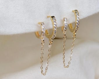 Double Pave Hoops| Everyday and Special Occasion | Gold, 18k Gold Plated Chain| Handmade Earring