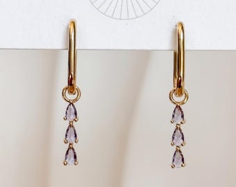 Lavender Trio Teardrop Removable Charm Hoop Dangle Huggies, Minimalist Bridal Jewelry