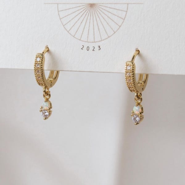Opal Charm Pave Huggies - v3| Everyday and Special Occasion | Gold Plated