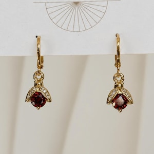 Gold and Red Ladybug Drop Earrings - Ruby and Clear Crystal Leverback Dangle