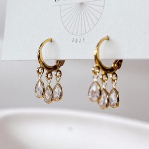 Triple Crystal Teardrop Dangle Huggies| Everyday and Special Occasion | Gold Plated