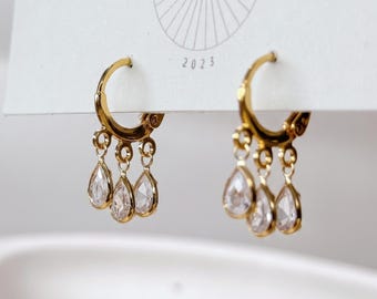 Triple Crystal Teardrop Dangle Huggies| Everyday and Special Occasion | Gold Plated