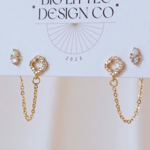 Tiny Opal w/ Clover Double Stud Earring Set | Everyday and Special Occasion | Gold, 18k Gold Plated Chain| Handmade Earring