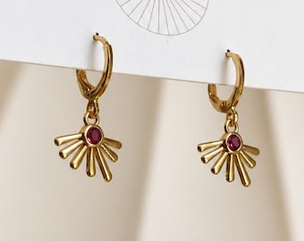Gold and Ruby Red Sunburst Earrings Huggie Hoops, Celestial Drop Dangle Jewelry