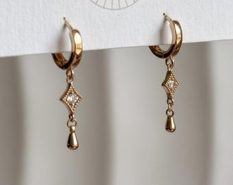 Tiny Kite Dangle Huggie Earrings Gold Plated Vintage Crystal Teardrop Hoops