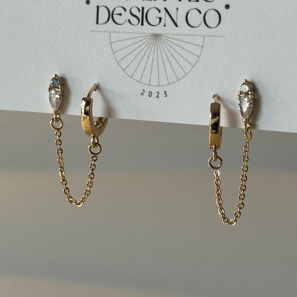Crystal Duo w/ Hoop | Everyday and Special Occasion | Gold, 18k Gold Plated Chain| Handmade Earring