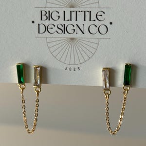 Double Bar Studs (Emerald and Crystal) | Everyday and Special Occasion | Gold, CZ Charm, 18k Gold Plated